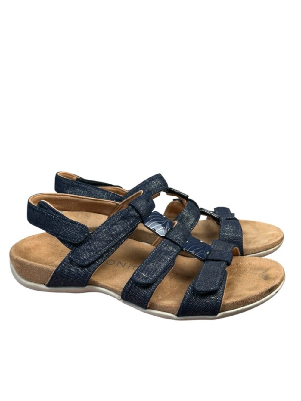 Vionic Womens Amber Blue Metallic silver Patent T-Strap Sandals Shoes 7.5 Medium